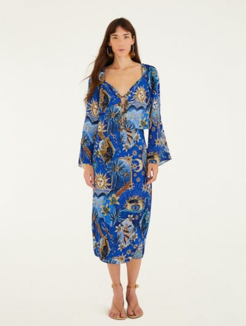 Farm Rio Blue mystical front cut-out crop blouse and skirt set